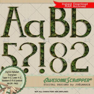 Alphabet numérique Evergreen par AwesomeScrapper - Haute qualité, PNG 300 DPI. Pommes de pin et conifères. Supérieurs, inférieurs, engourdis et symptômes.