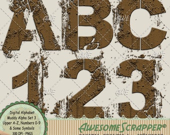 Muddy Alpha Set3 Digital Alphabet by AwesomeScrapper – High Quality, 300 DPI PNGs, Grungy, Flung, Gooey, Wet Dirt, Slimy Mud, Gritty
