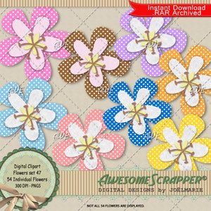 Flores # 47 Clipart digital da AwesomeScrapper - PNGs de alta qualidade, 300 DPI, um conjunto de 54 flores, com bolinhas em várias cores.