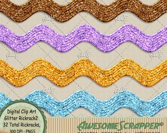 Glitter Rickrack - Digital Clip Art by AwesomeScrapper - Set of 32 Textured and Glittered Rickrack 32 Colors, High Quality, 300 DPI PNGs.