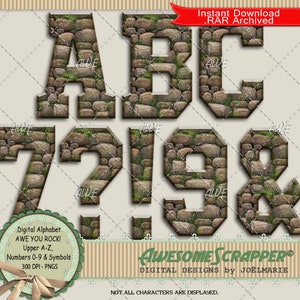 You Rock Alphabet par AwesomeScrapper - Haute qualité, PNG 300 DPI, Pierre, Roche, Galets, Mousse, Lichen, Mur