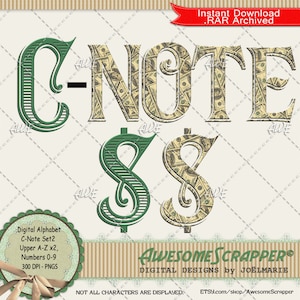 C-Note Set2 Digital Alphabet by AwesomeScrapper - High Quality, 300 DPI PNGs,  Money, Cash, Coin, Banking, Currency, 100 Dollar Bills