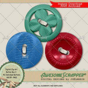 Button Box3 Clip Art digital por AwesomeScrapper - alta qualidade, 300 DPI PNGs., Conjunto de 46 PNGs., 3 estilos, várias cores