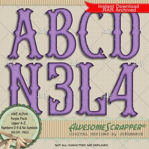 Peut inclure: Lettres et chiffres de l'alphabet violet avec une texture mouchetée et une bordure décorative. Les lettres A, B, C, D, N, 3, L et 4 sont affichées. Le texte "AWE ALPHA Purple Fleck Upper A-Z, Numbers 0-9 & No Symbols 300 DPI - PNGS" est sous les lettres. Le texte "AWESOMESCRAPPER® DIGITAL DESIGNS by JOËLMARIE" est sous les chiffres. Le texte "NOT ALL CHARACTERS ARE DISPLAYED." est en bas de l'image.