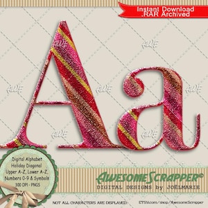 以下が含まれることがあります： デジタルアルファベットグラフィック。大文字と小文字の「A」の文字が赤、ピンク、金色の斜めストライプ模様で描かれています。画像には「Instant Download .RAR Archived」と「Awesome Scrapper」の文字が含まれています。