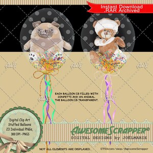Stuffed Balloons Digital Clip Art by AwesomeScrapper - High Quality, 300 DPI PNGs, Set of 23. Transparent balloons, filled stuffed animals