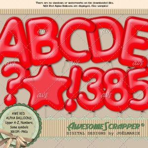 May include: Red alphabet and number balloons in the shape of letters A, B, C, D, E, question mark, exclamation point, 1, 3, 8, and 5. The balloons are inflated and have a glossy finish. The text "AWE RED ALPHA BALLOONS Upper A-Z, Numbers, Some symbols 300 DPI - PNGs" is in the lower left corner. The text "AWESOME SCRAPPER DIGITAL DESIGNS by JOËLMARIE" is in the lower right corner.