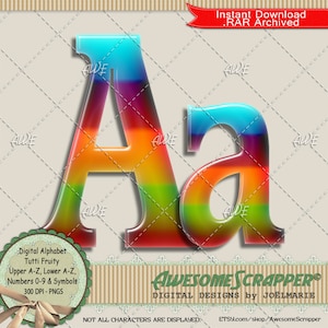 Tutti Fruity Digital Alphabet von AwesomeScrapper, hochwertige 300 DPI PNGs, Streifen, Sommer, Leckerli, Obst, Regenbogen, Orange, Limette, Traube