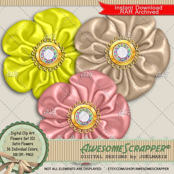 Flower Set 101 Digital Clip Art by AwesomeScrapper - High Quality, 300 DPI PNGs, Set of 36, Satin, Silk, Jeweled, Floral, Fabric, Element