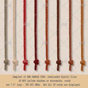 May include: A selection of eight different colored cords, each 7.5 inches long. The cords are arranged vertically and are all tied in a knot at the bottom. The cords are all made of a thick, woven material and are available in a variety of colors, including beige, red, maroon, brown, and orange.