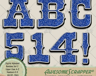 Conjunto de alfabeto digital de bandana 2 da AwesomeScrapper, azul, cowboy, rancho, faroeste, bandana, rodeio, vaqueira, velho oeste