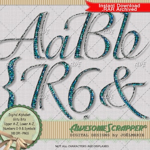 May include: A digital alphabet font with a glittery, turquoise and silver design. The letters A, B, R, 6, and & are shown. The font is called "Glitz Bitz" and is available for instant download as a .RAR file.