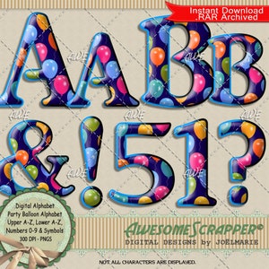 Party Balloons Digital Alphabet by AwesomeScrapper - Wysoka jakość, 300 DPI PNG. Urodziny, uroczystości, jasne, czyste i kolorowe.