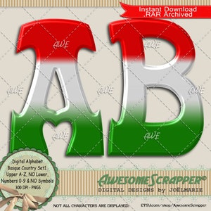 País Basco Set1 Alfabeto Digital da AwesomeScrapper - Alta Qualidade, 300 DPI PNGs, Verde, Branco, Vermelho, Euskera, Euskal Herria, Basco