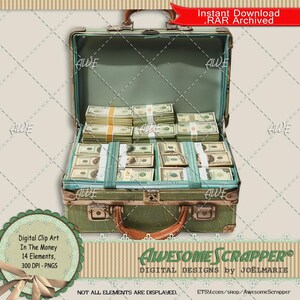 Imágenes prediseñadas digitales In The Money de AwesomeScrapper: imágenes PNG de alta calidad con 300 DPI, conjunto de 14, dinero, efectivo, conceptos financieros, ahorros, gastos