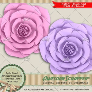 Paper Flowers Set3 Digital Clip Art by AwesomeScrapper - Haute qualité, 300 PNG DPI, Set de 22, Floral, Fleurs, Printemps, Pâques, Papier