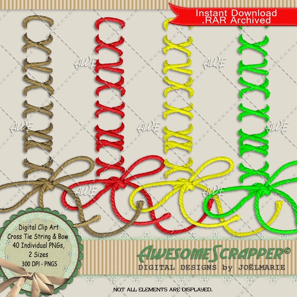 Cross Tie String & Bow Digital Clip Art by AwesomeScrapper, Set of 20 Colors,  2 sizes, 40 total PNGs, Lattice, String, Bow, Criss-Cross