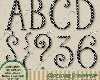 Happy Event Set1 Digital Alphabet by AwesomeScrapper - High Quality, 300 DPI PNGs, Black, White, Polka Dot, Gloss, Uppers, Numbers, Symbols