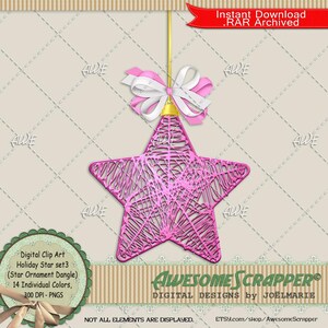 Conjunto de estrelas de Natal 3 Clip Art digital por AwesomeScrapper - Alta qualidade, PNGs de 300 DPI, conjunto de 14, estrelas de malha aberta, fita, laço, várias cores