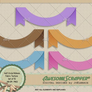 May include: Set of 51 half circle ribbons with fabric texture in purple, brown, blue, and pink. The ribbons are in a curved shape and have a folded edge. The text "Half Circle Ribbons Fabric Texture Set of 51 300 DPI - PNGS" is at the bottom of the image.