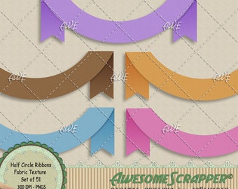 Half Circle Ribbon/Scrolls Set2 Fabric  Digital Clipart, by AwesomeScrapper - 51 Colors -  Set of 51,  Fabric Texture - High Quality 300 DPI