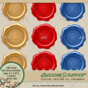 Wax Seals Digital Alphabet by AwesomeScrapper, Upper Case A-Z Only.  Three Sets,  Three Colors,  High Quality, 300 DPI PNGs, Wax, Stamped
