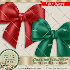 May include: A digital clip art set of 126 bows in 34 individual colors. The image shows two bows, one red and one green, with a white background. The text "Instant Download .RAR Archived" is at the top of the image. The text "AWESOME SCRAPPER® DIGITAL DESIGNS by JOËLMARIE" is at the bottom of the image.