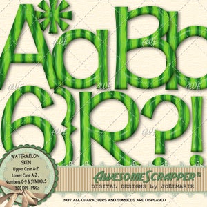 Alfabeto digital de pele de melancia por AwesomeScrapper - Vários verdes, alta qualidade, PNGs de 300 DPI, superior, inferior, números e símbolos, verão