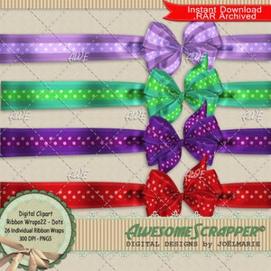 Ribbon Wraps 22 -Dots Digital Clipart, por AwesomeScrapper - Conjunto de 26 fitas de cetim com detalhes pontilhados, PNGs de alta qualidade de 300 DPI,