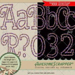 Star Bright Set1 Digital Alphabet von AwesomeScrapper - Hochwertig, 300 DPI PNGs, Sterne Umriss, Gold, Glitzer, Obere, Untere, Taubs, Symb