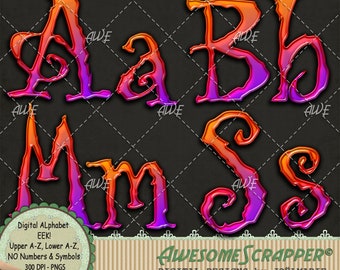 EEK! Digital Alphabet by AwesomeScrapper - High Quality, 300 DPI PNGs.  A Scary type, in a Orange to purple.  Halloween or Zombie Posters