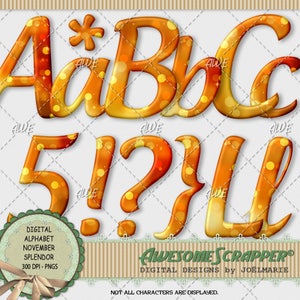 November Splendor Digital Alphabet, by AwesomeScrapper - Uppers, Lowers, Numbers, Symbols, High Quality, 300 DPI PNGs - Thanksgiving