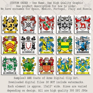 May include: A collection of 15 colorful coats of arms, each with a different design and name. The coats of arms are set against a white background. The text "Samples3 AWE Coats of Arms Digital Clip Art." is at the bottom of the image. The text "Downloaded digital files DO NOT include watermarks." is below the first line of text. The text "Each element is approx. 15x12" wide. Sizes are varied depending on design. All are high quality 300 DPI JPGs" is below the second line of text.
