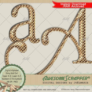 Shiny Gold Dot Digital Alphabet by AwesomeScrapper – High Quality, 300 DPI PNGs, Gold, Reflective Dots, Metallic, Flourishes, Elegant