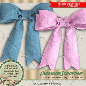 May include: Two burlap bows, one light blue and one pink, with a textured fabric. The bows are tied in a knot and have long tails.