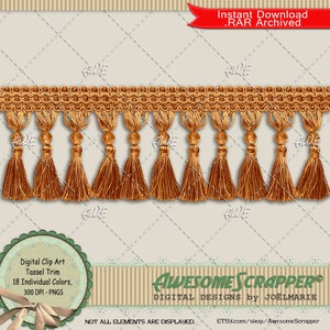 Tassel Trim Digital Clip Art por AwesomeScrapper - alta qualidade, 300 DPI PNGs, conjunto de 18, borlas, guarnição, tecido, elemento, texturizado