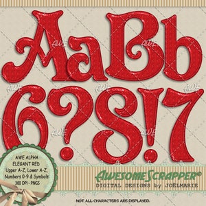 Elegant Red Digital Alphabet by AwesomeScrapper - Upper, Lower, Numbers, Some Symbols, High Quality, 300 DPI PNGs, Textured, Red