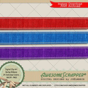 Burlap Ribbons Digital Clip Art by AwesomeScrapper - High Quality, 300 DPI PNGs, Set of 24, Flat, Burlap, Various Colors, Double stitched
