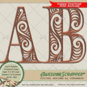 May include: Copper-colored ornamental digital alphabet letters A and B with intricate scrollwork. Includes the text "Digital Alphabet Ornamental Copper" and "Awesome Scrapper Digital Designs by JoëlMarie."
