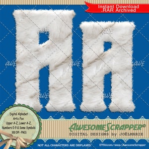 Op de afbeelding: Twee witte, donzige letter "R" ontwerpen met een vachtachtige textuur, tegen een blauwe achtergrond. De letters maken deel uit van een digitaal alfabet, zoals aangegeven door de tekst in de afbeelding. Het ontwerp bevat de tekst "Awesome Scrapper".