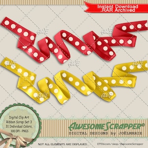 Ribbon Scrap Set3 Digital Clip Art by AwesomeScrapper - High Quality, 300 DPI PNGs, Set of 31, Folded, Polka Dot, Ribbon, Element, 31 Colors