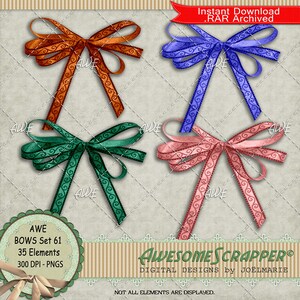 Bows Set 61, Digital Clip Art de AwesomeScrapper - Conjunto de 35 PNG individuales, alta calidad 300 DPI, varios colores.
