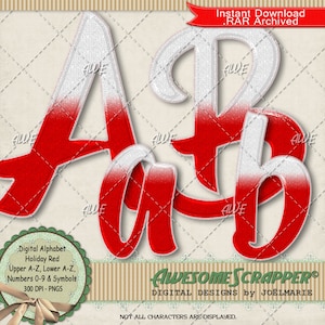 Urlaubsrotes Digitales Alphabet von AwesomeScrapper - Hochwertig, 300 DPI PNGs, Rot, Weiß, Weihnachten, Alle Zeichen, Zahlen, Symbole