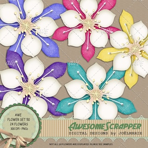Clipart digital - Flores estilizadas de Columbine AWE, conjunto de 24, multicoloridas e texturizadas, PNGs de alta qualidade em 300 DPI