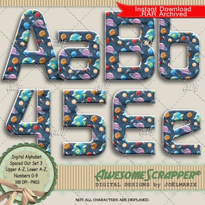 Puede incluir: Conjunto de alfabeto digital con patrones temáticos espaciales. Se muestran las letras A, B, E y los números 4, 5 y 6. Las letras y los números están rellenos de planetas, cohetes y estrellas sobre un fondo azul oscuro. Incluye el texto "Instant Download .RAR Archived".