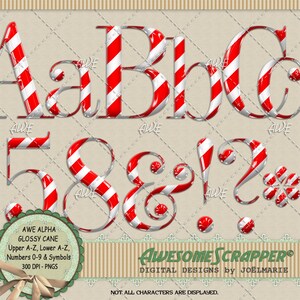 May include: A digital design set featuring glossy candy cane-striped letters, numbers, and symbols in red and white. The set includes uppercase and lowercase letters, numbers 0-9, and various symbols. The design is labeled "AWE ALPHA GLOSSY CANE" and "Awesome Scrapper".
