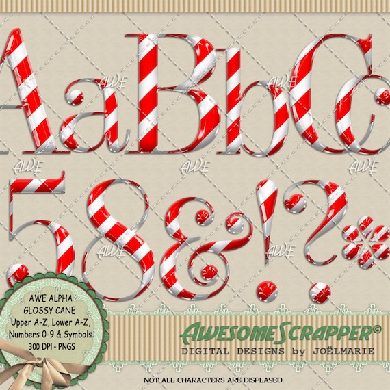 Glossy Cane Digital Alphabet, by AwesomeScrapper - Upper Case, Lower Case, Numbers, Symbols, Candy Cane, High Quality, 300 DPI PNGs
