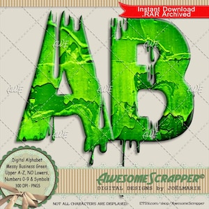 Op de afbeelding: Digitale alfabetletters 'AB' in een rommelig business groen ontwerp. De letters hebben een druipend verfeffect en zijn geplaatst tegen een neutrale achtergrond. De afbeelding bevat de tekst 'Instant Download .RAR Archived' en 'Awesome Scrapper'.