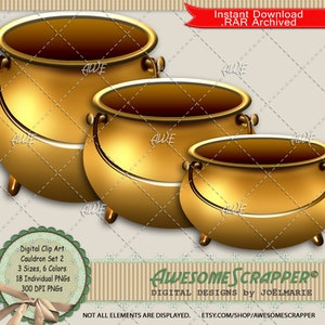 Op de afbeelding: Drie gouden ketels in verschillende maten, met een groene en witte kantversiering rond de afbeelding. De tekst "Digital Clip Art Cauldron Set 2" staat in een groene cirkel met een witte kantversiering. De tekst "3 Sizes, 6 Colors" staat onder de cirkel. De tekst "18 Individual PNGs" staat daaronder. De tekst "300 DPI PNGs" staat daaronder. De tekst "Instant Download .RAR Archived" staat in een rode banner bovenaan de afbeelding. De tekst "AWESOME SCRAPPER® DIGITAL DESIGNS by JOËLMARIE" staat onderaan de afbeelding. De tekst "NOT ALL ELEMENTS ARE DISPLAYED. ETSY.COM/SHOP/AWESOMESCRAPPER" staat onderaan de afbeelding.