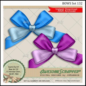 Conjunto de laços 132 Clip Art digital por AwesomeScrapper - Alta qualidade, PNGs de 300 DPI, conjunto de 21, laços texturizados de cetim, várias cores, dois tons